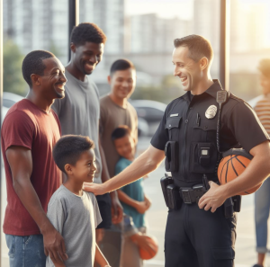 police officer talking with people smiling